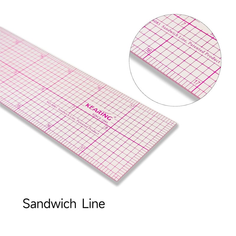 KEARING Clear Sewing Graph Ruler Fashion Design Ruler, Sandwich Line, 2 x 18, Transparent Pattern Making Dress Making Ruler for Sewing Pattern Making Quilting - Image 3